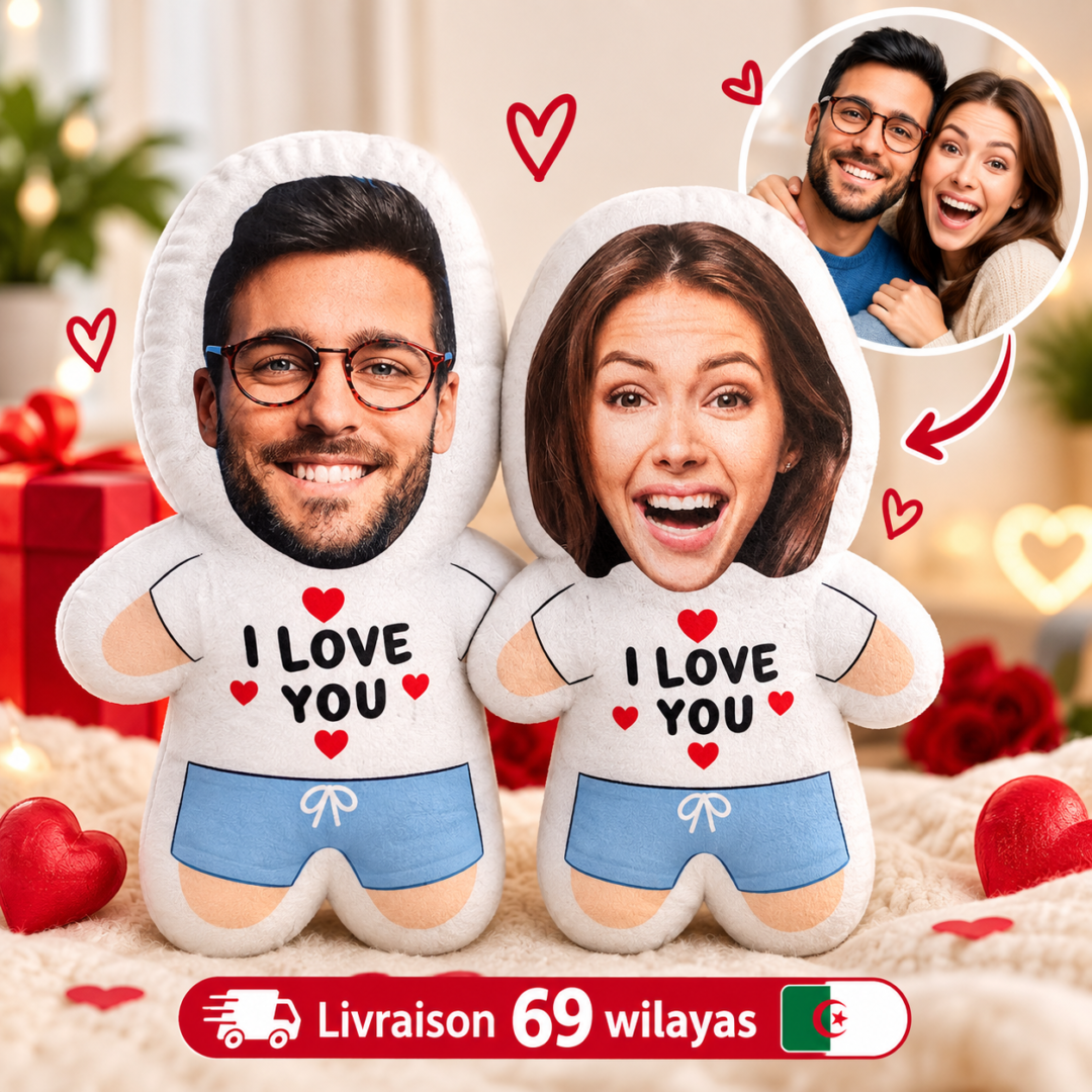 Peluche personnalisée avec photo couple I Love You ❤️ Cadeau romantique en Algérie